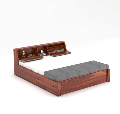 Solid Sheesham Wood Queen Size Bed with Storage & Cushioned Headboard