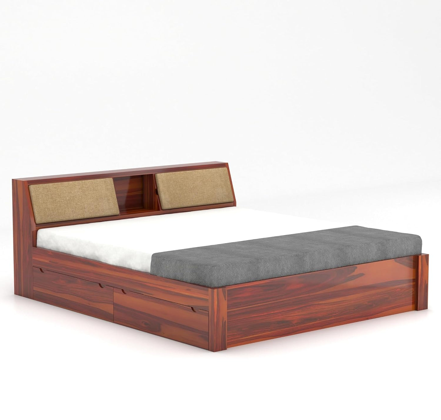 Solid Sheesham Wood Queen Size Bed with Storage & Cushioned Headboard