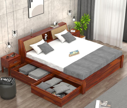 Solid Sheesham Wood Queen Size Bed with Storage & Cushioned Headboard